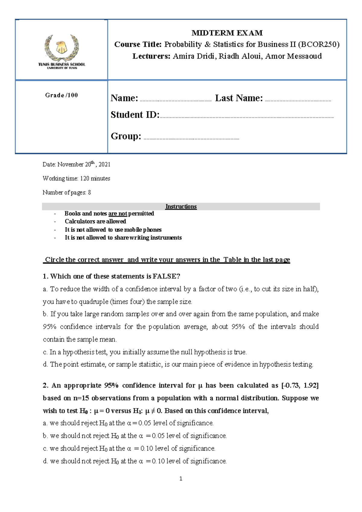 Midterm Exam Review for BCOR250: Probability & Statistics II (Fall 2021 ...