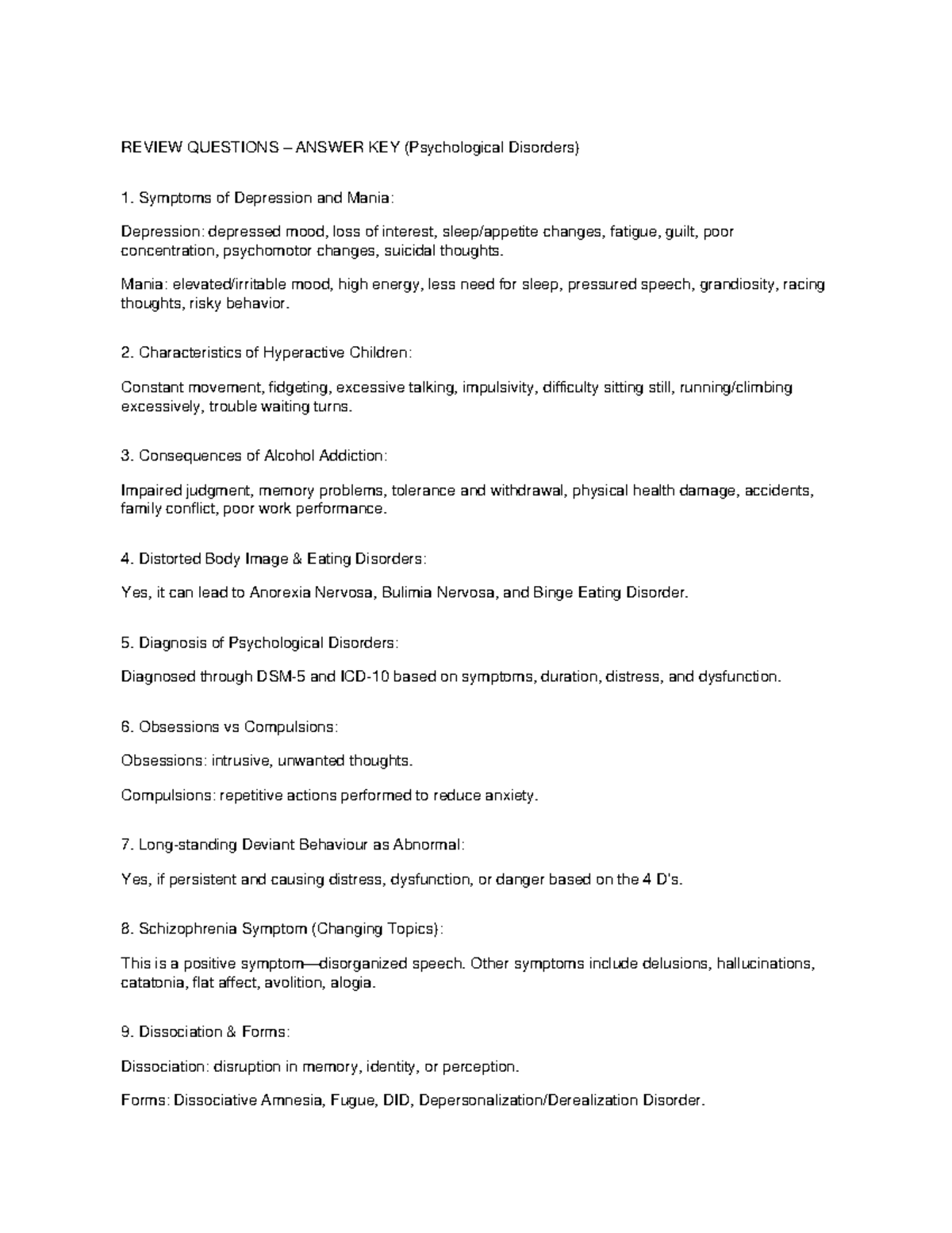 Psych 101: Review Questions Answer Key on Psychological Disorders - Studocu