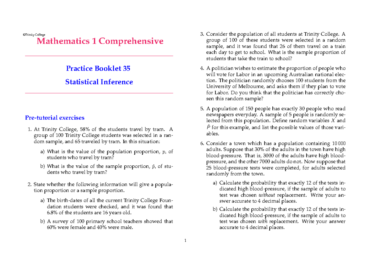Statistical Inference Practice Exercises for College Mathematics 1 ...
