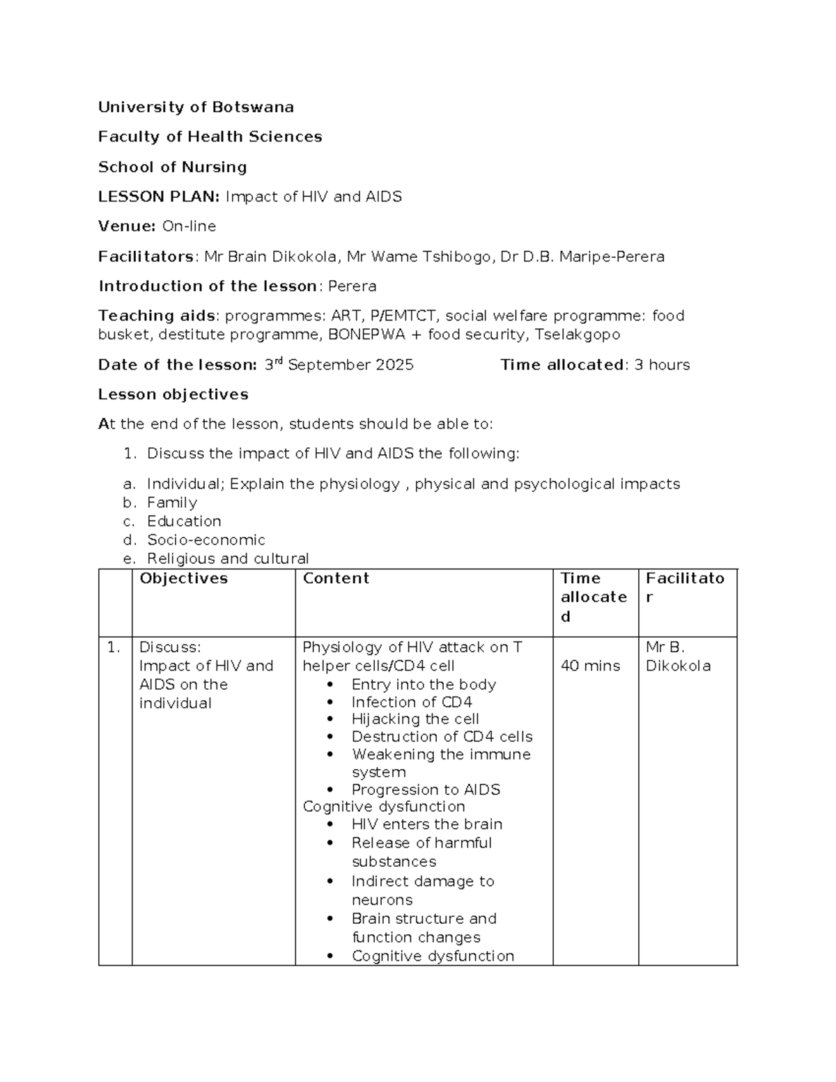 HSC 101: Lesson Plan on the Impact of HIV and AIDS - Studocu