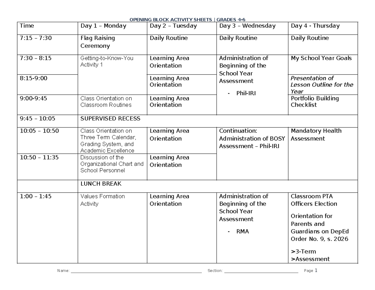 Edited Opening Block Activity Sheets for Grades 4-6 - Studocu