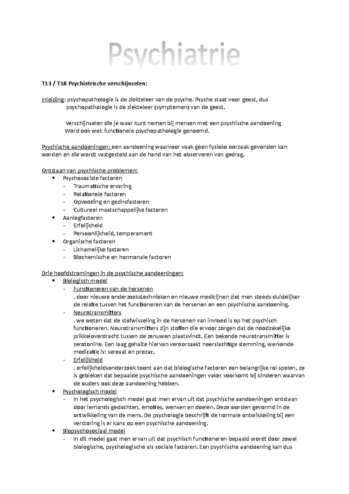 T13/T18 Psychiatrische Verschijnselen en Psychische Aandoeningen -  Studeersnel