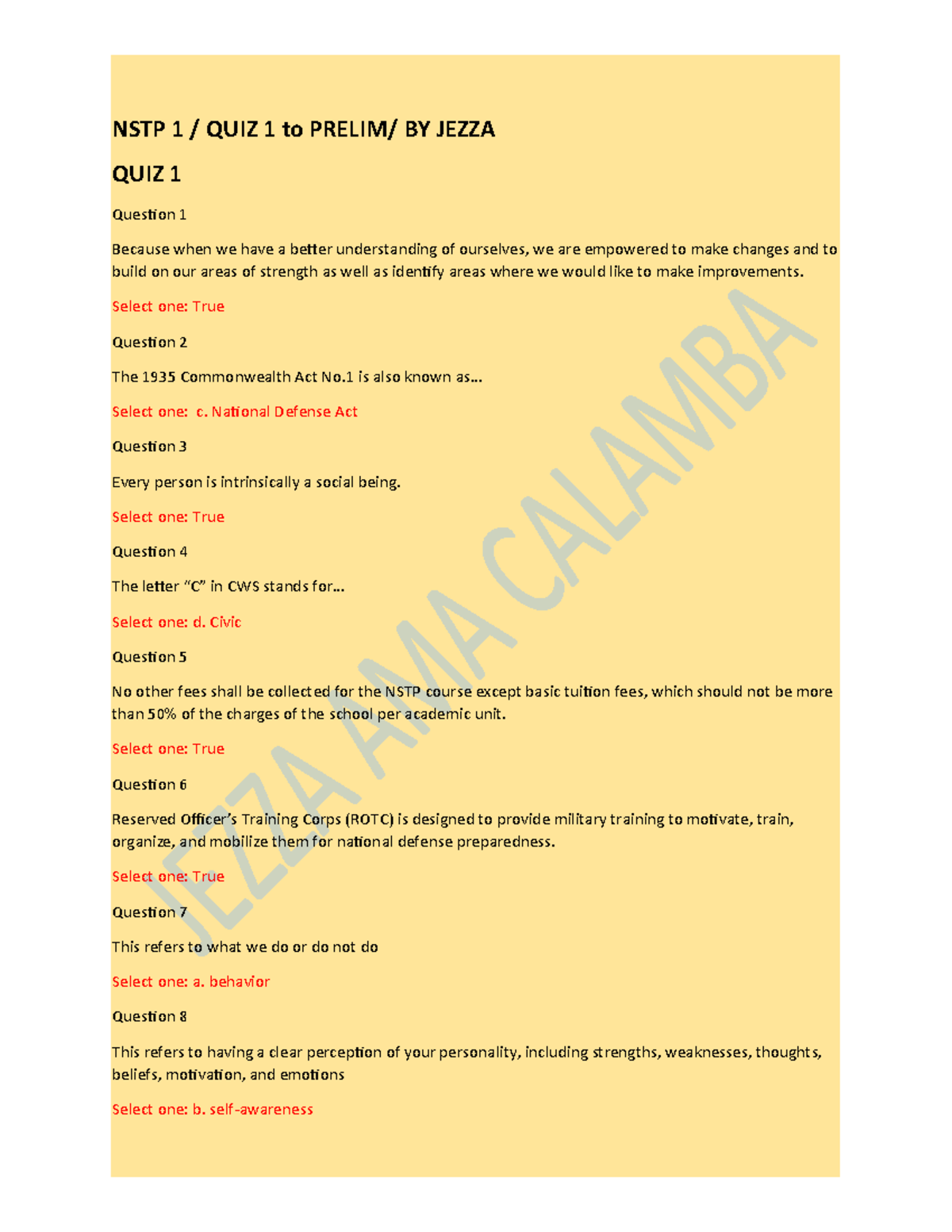 NSTP 1 Quiz 1 & Prelim Questions and Answers by Jezza Amacalamba - Studocu