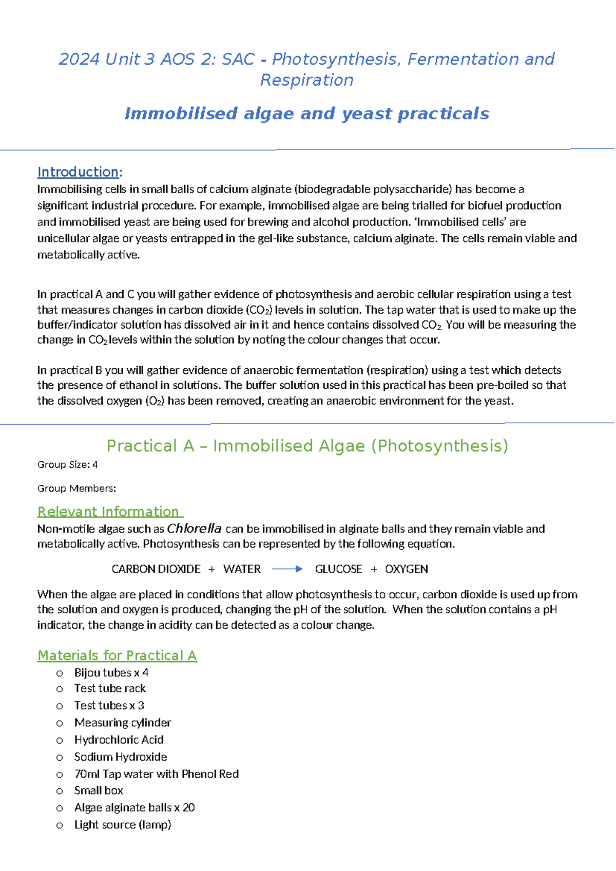 2024 Unit 3 AOS 2 SAC - Biochemical Pathways: Algae & Yeast Practicals ...