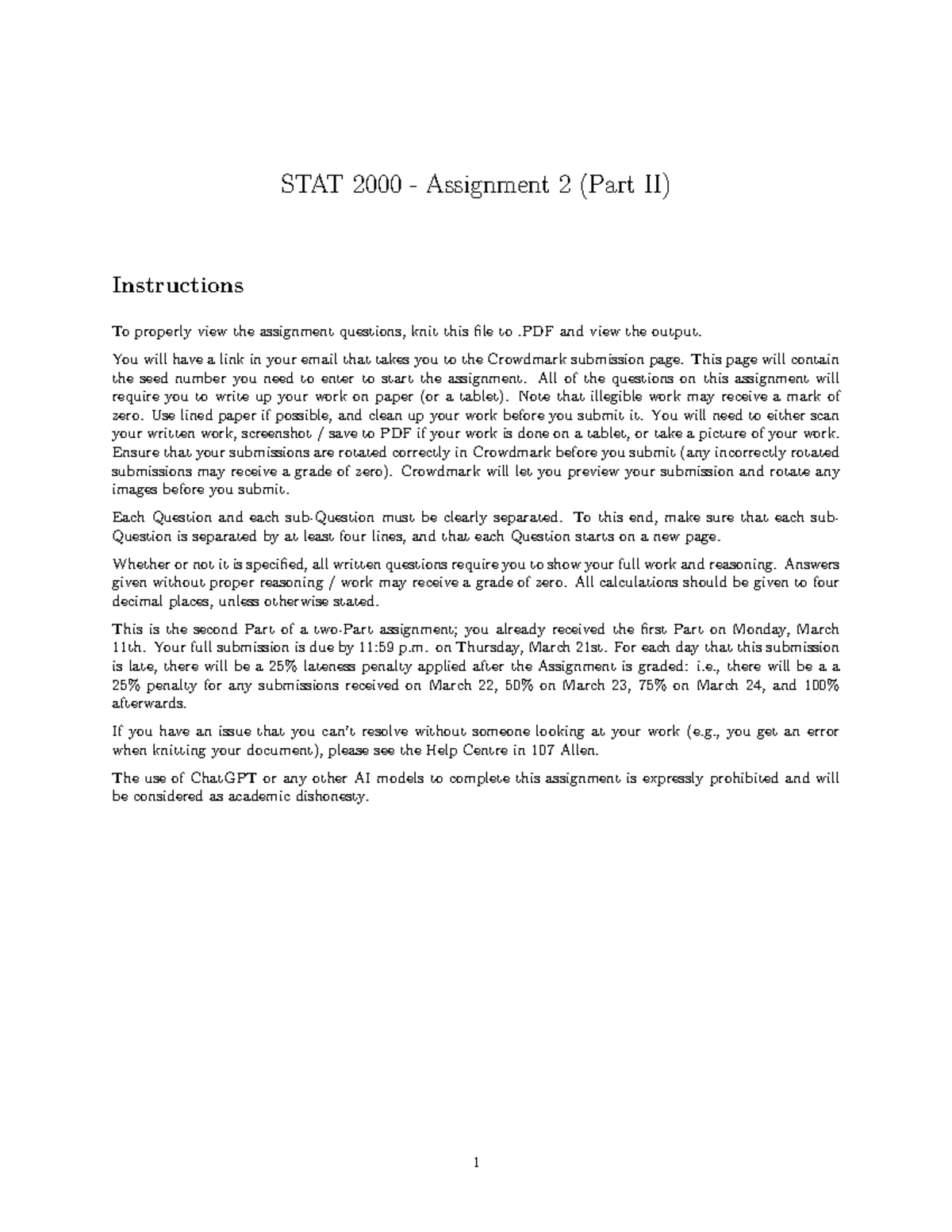 STAT 2000 A3 Part II SV - Assignment for STAT 2000. - STAT 2000 ...