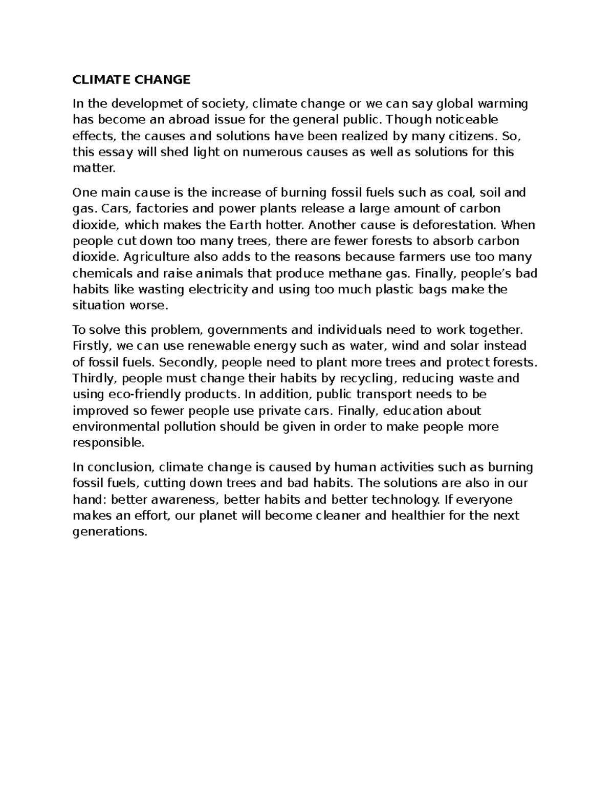 CLIMATE CHANGE Essay: Causes and Solutions for Society's Future - Studocu