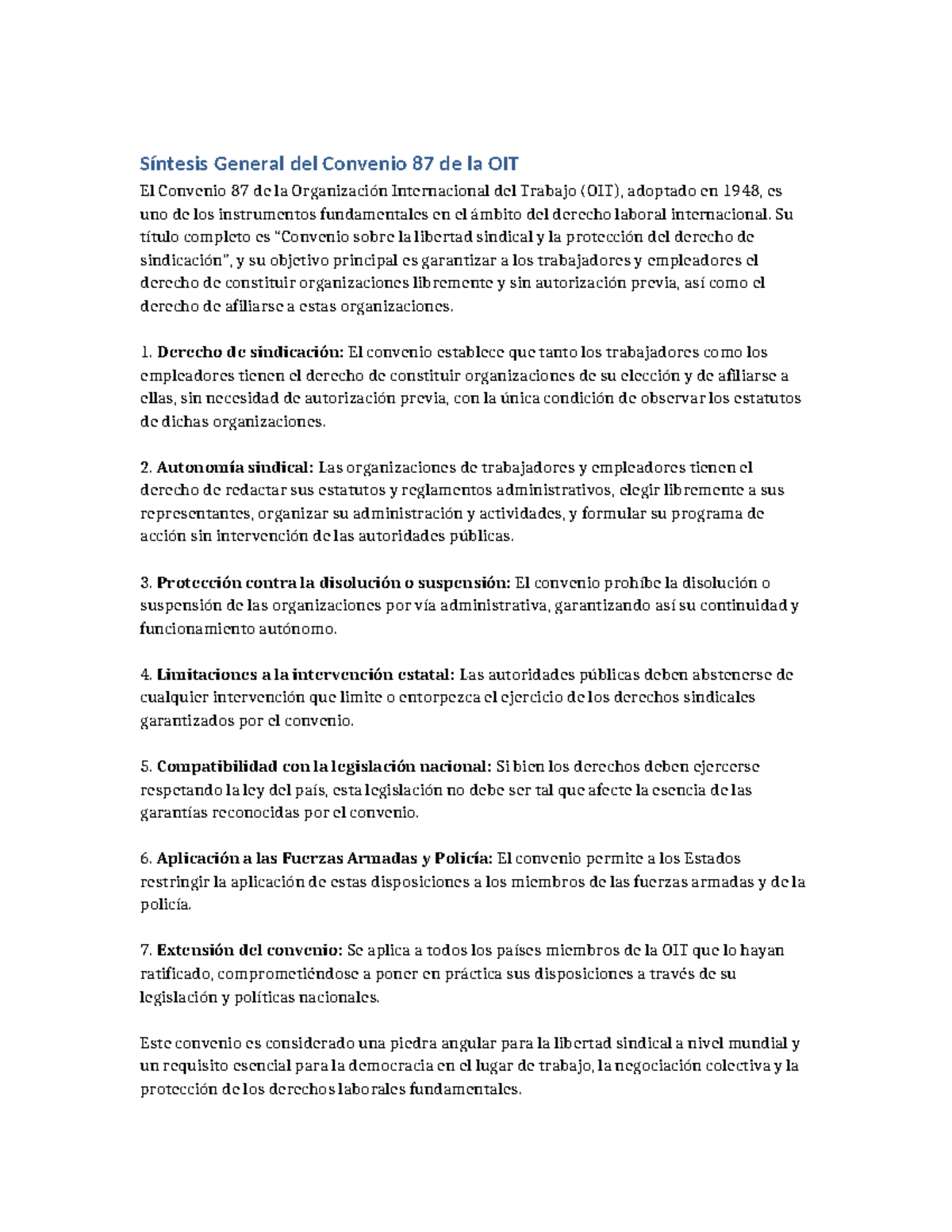 Síntesis del Convenio 87 de la OIT sobre Libertad Sindical - Studocu
