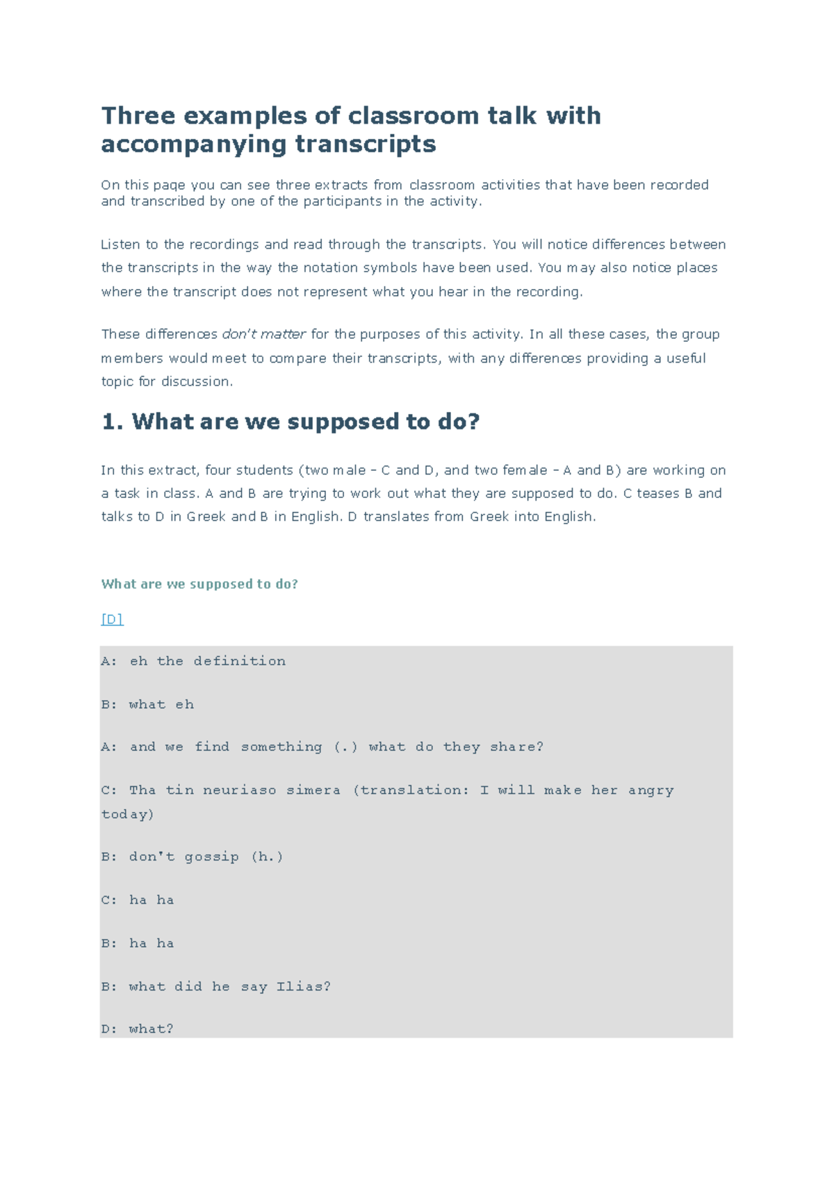 Transcripts of Classroom Talk: Analysis and Examples - Studocu