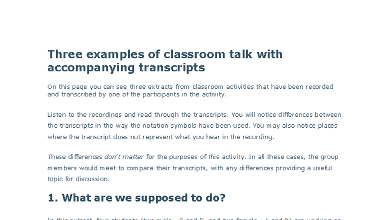Transcripts of Classroom Talk: Analysis and Examples - Studocu