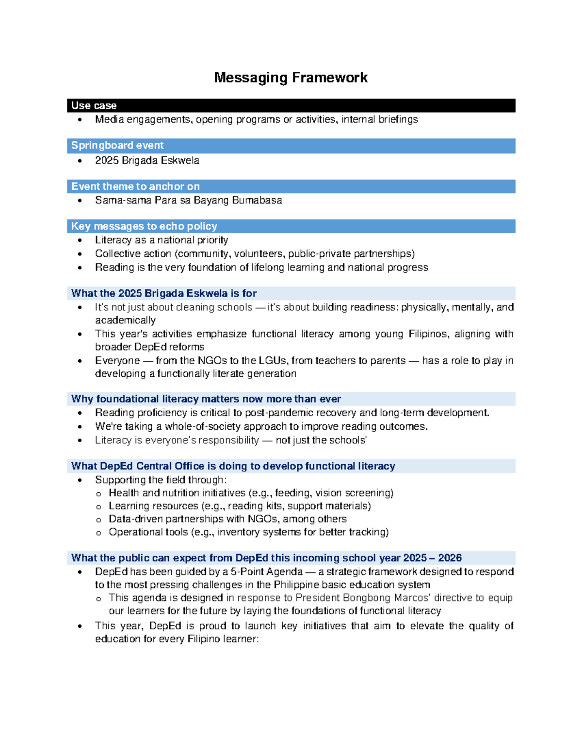 Messaging Framework for 2025 Brigada Eskwela Event: Key Literacy ...