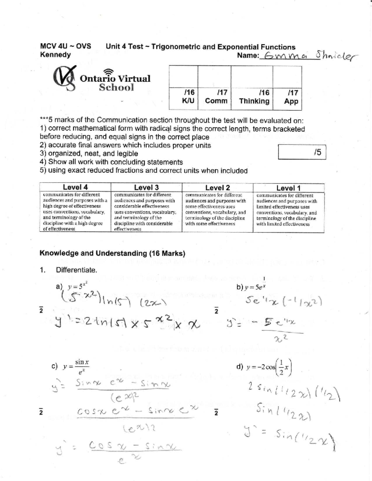 MCV 4U Unit 4 Test: Trigonometric & Exponential Functions - Studocu