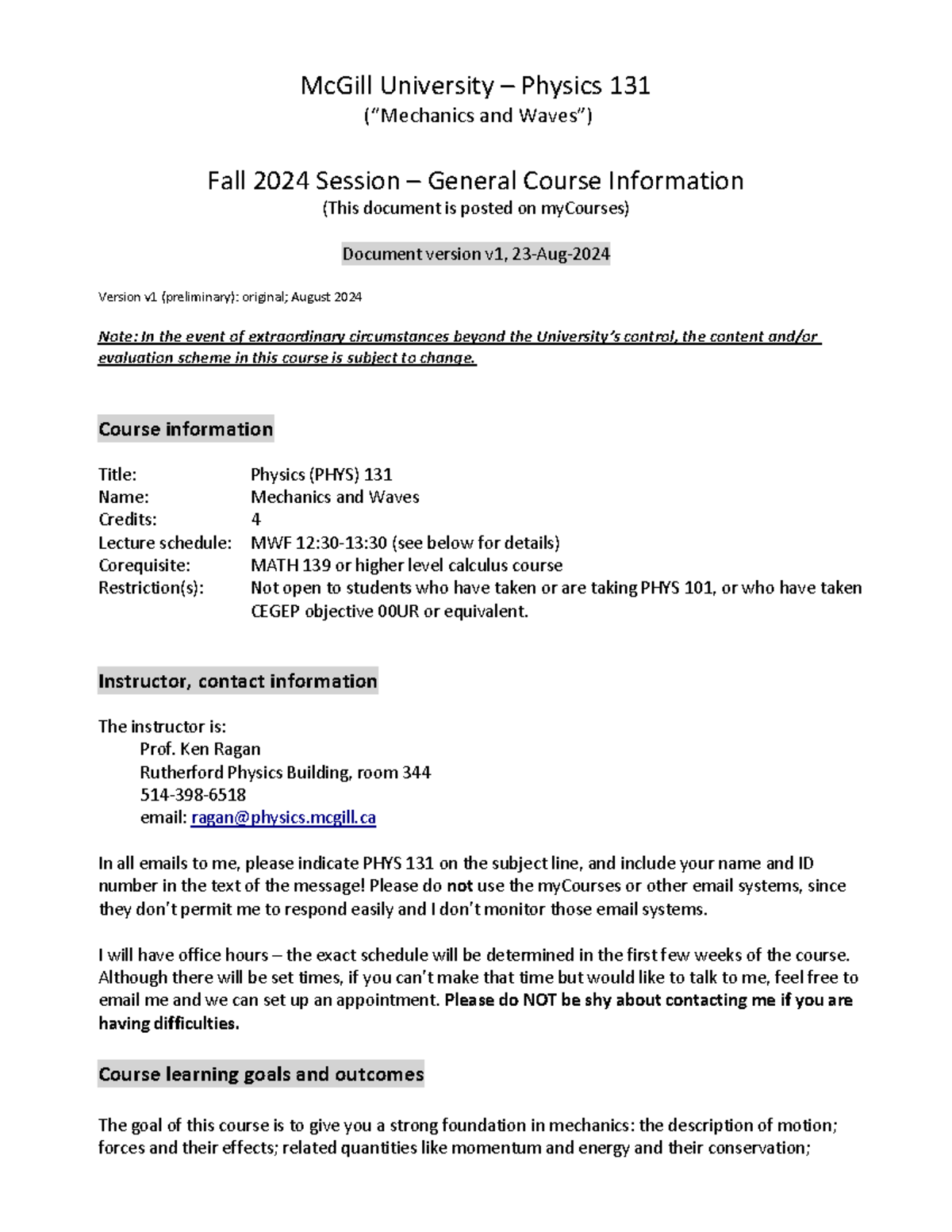 PHYS 131 Fall 2024 Course Info: Mechanics & Waves Overview - Studocu