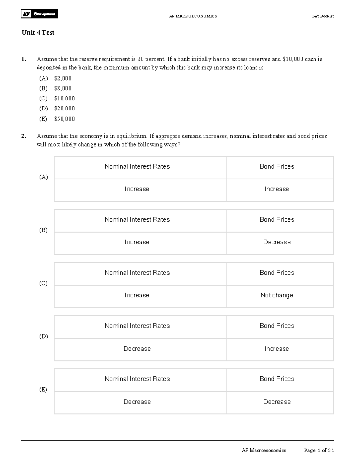 AP Macroeconomics Unit 4 Multiple Choice Questions Test - Studocu