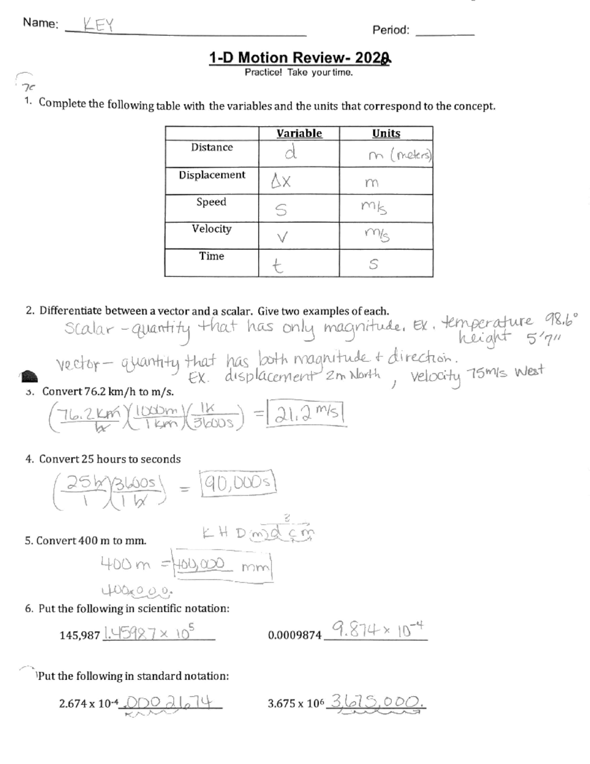 Motion Test Review Key 1-D: Variables, Scalars & Vectors - Studocu