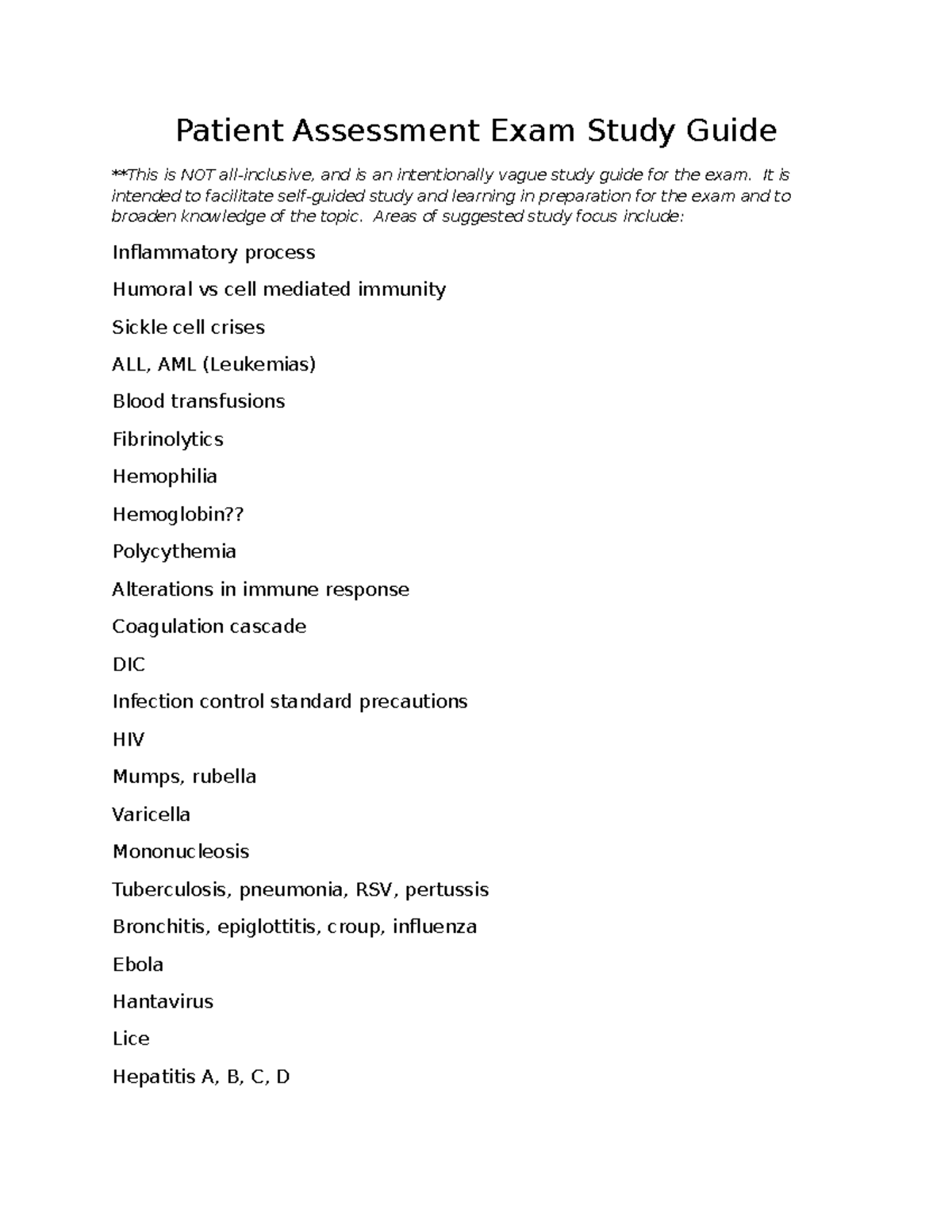 Patient Assessment Exam Study Guide for Nursing (NUR 301) - Patient ...