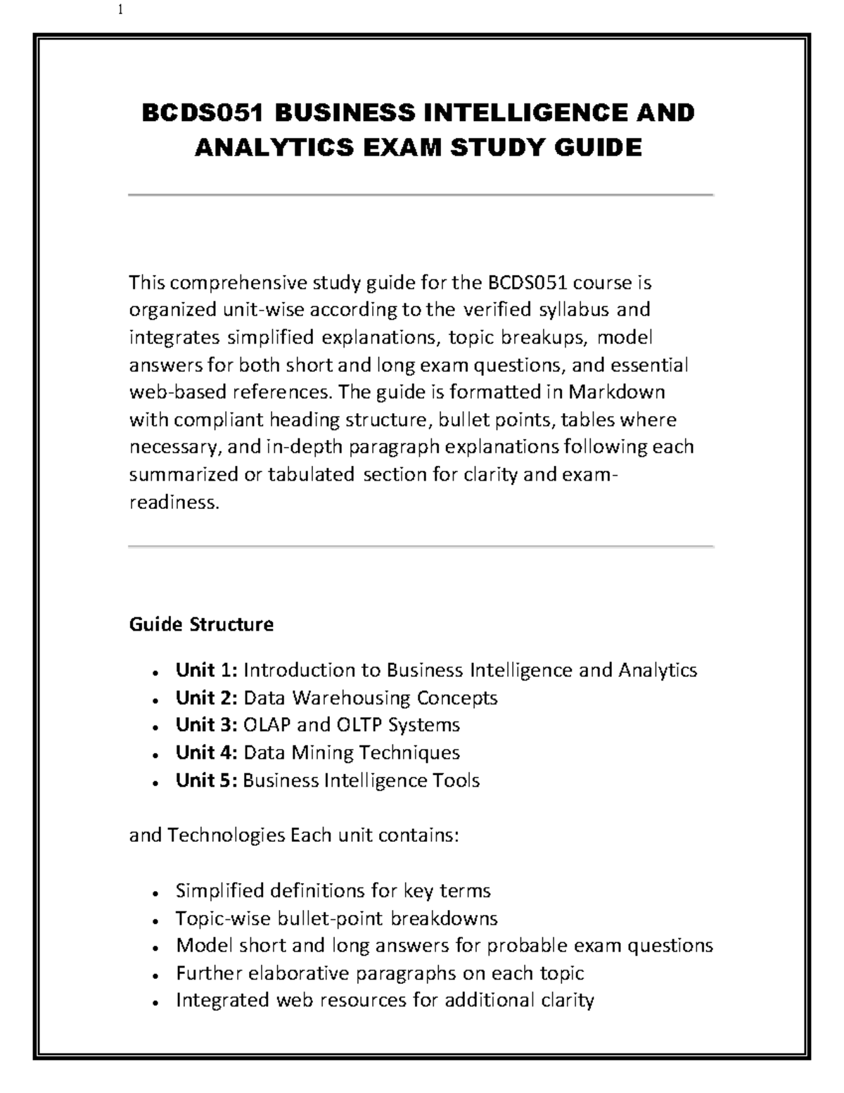 BCDS051 Business Intelligence & Analytics Exam Study Guide - Studocu