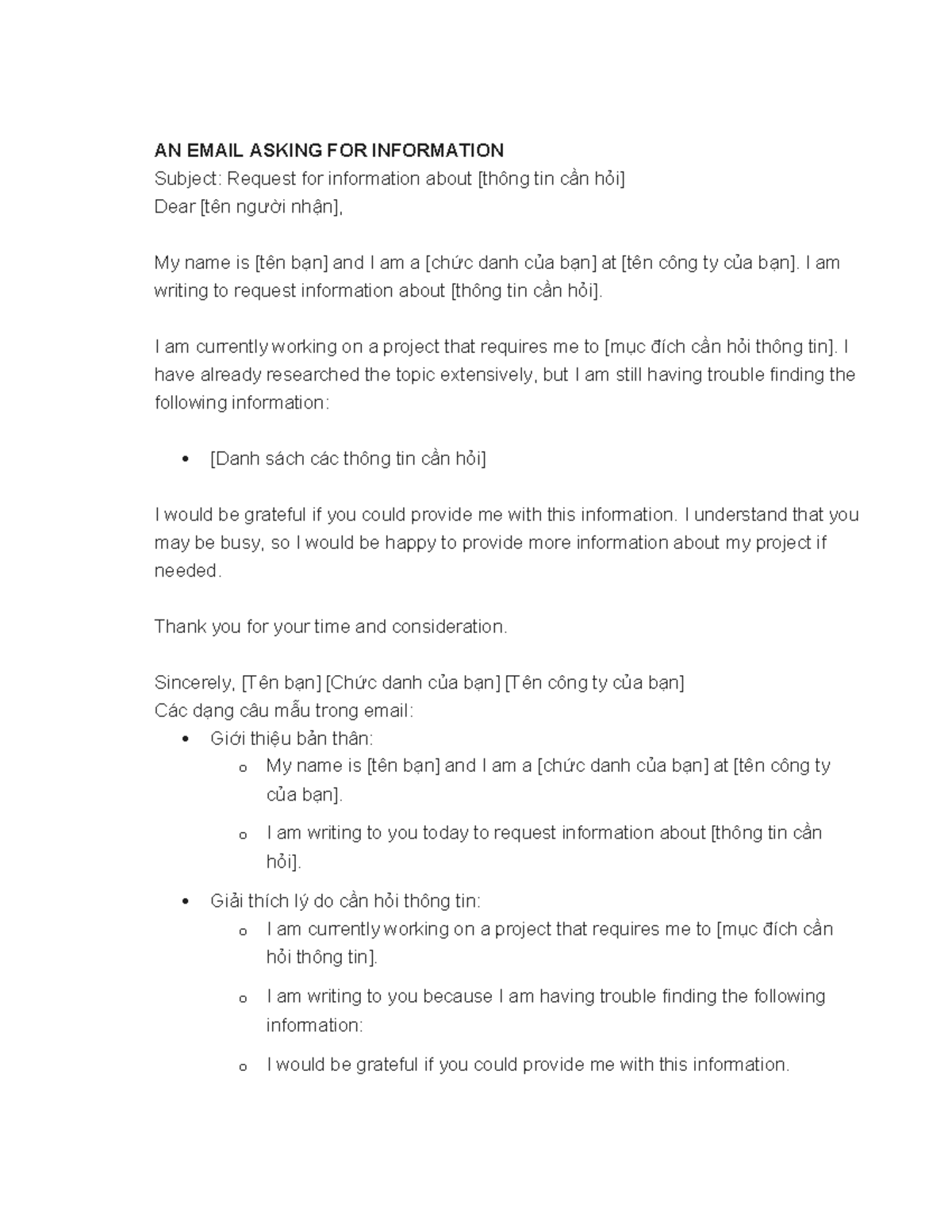 Email Template for Requesting Information on Projects - Studocu
