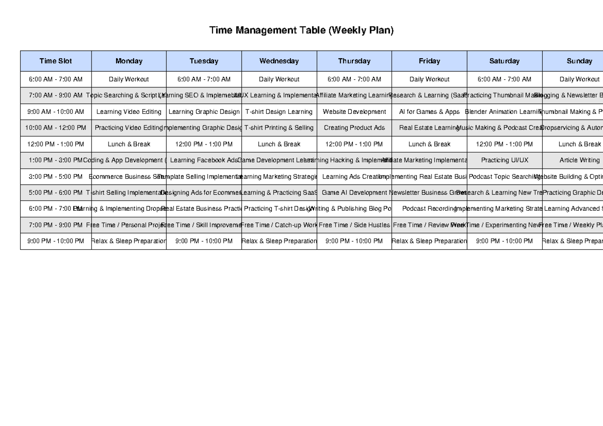 Time Management Table Improved - Time Management Table (Weekly Plan ...