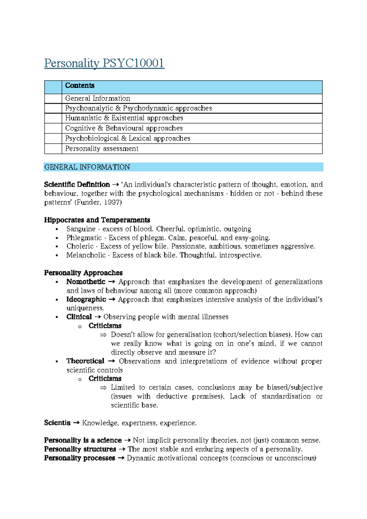 Personality Study Notes for PSYC1001: Key Concepts & Theories - Studocu