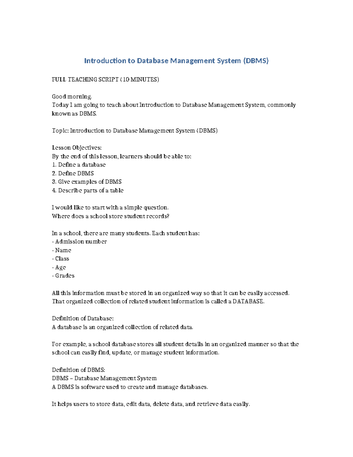 Introduction to DBMS (Database Management System) Teaching Script - Studocu