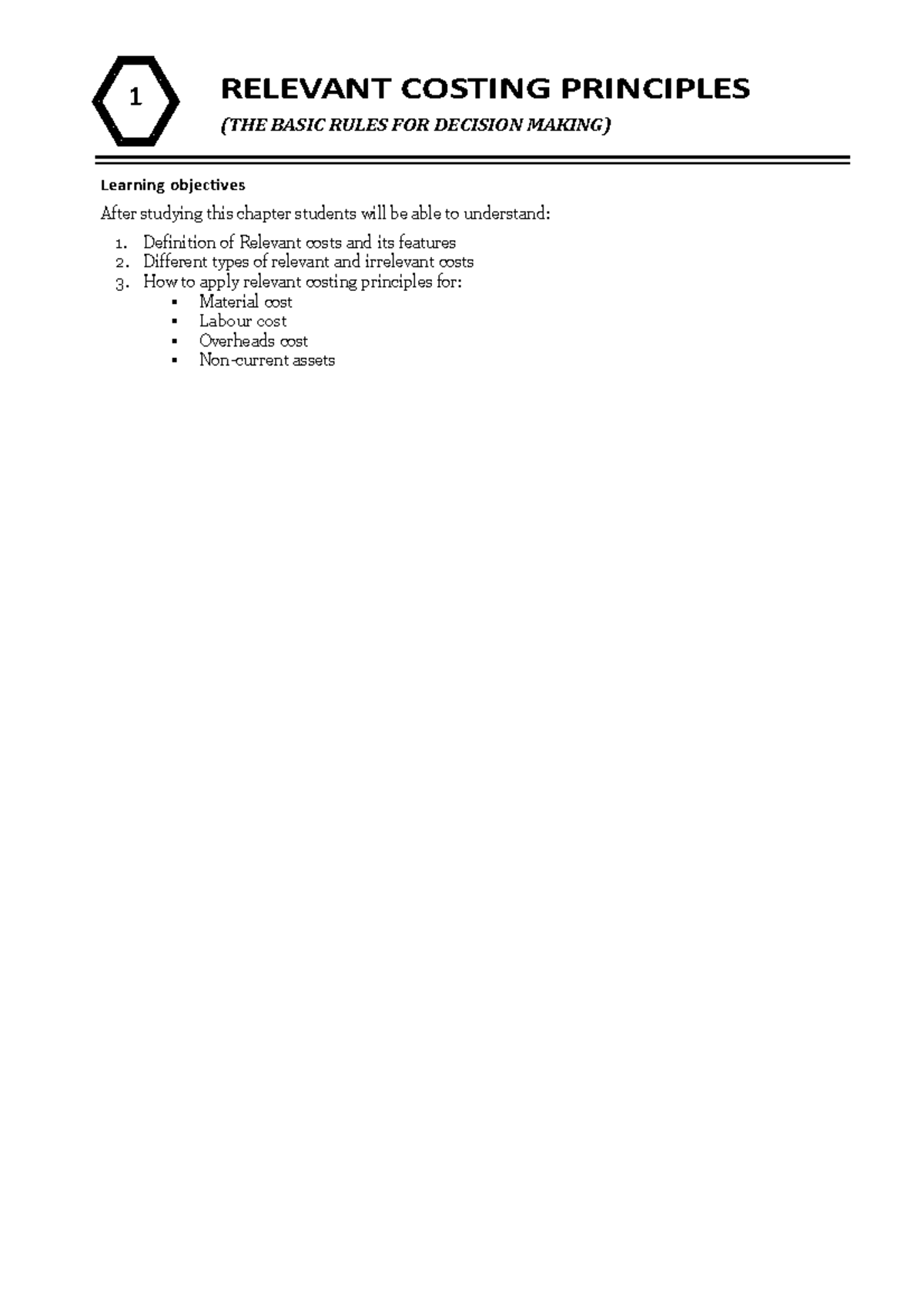 Chapter 1: Relevant Costing Principles - Overview and Applications ...