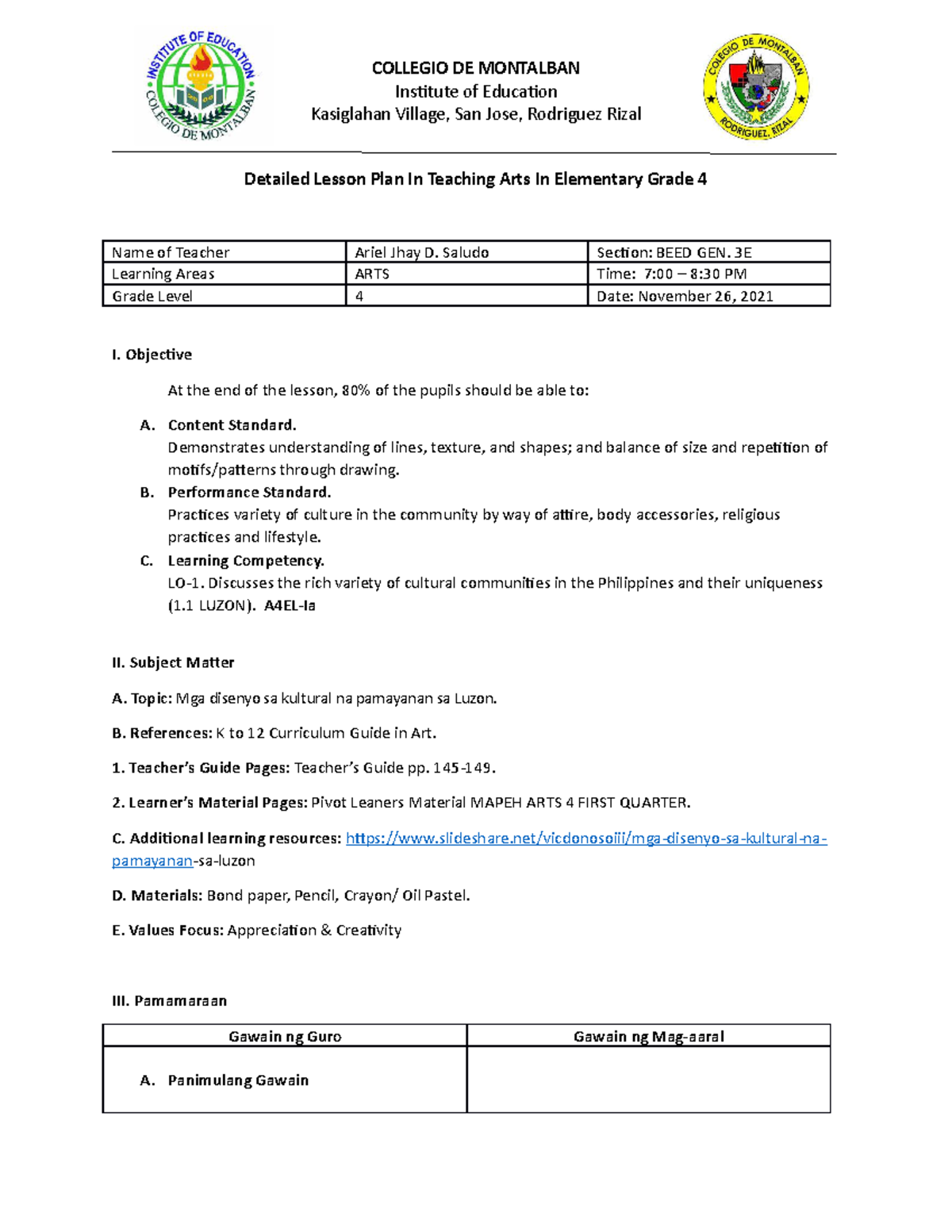 Detailed Lesson Plan for Teaching Arts in Elementary Grade 4 (BEED GEN ...