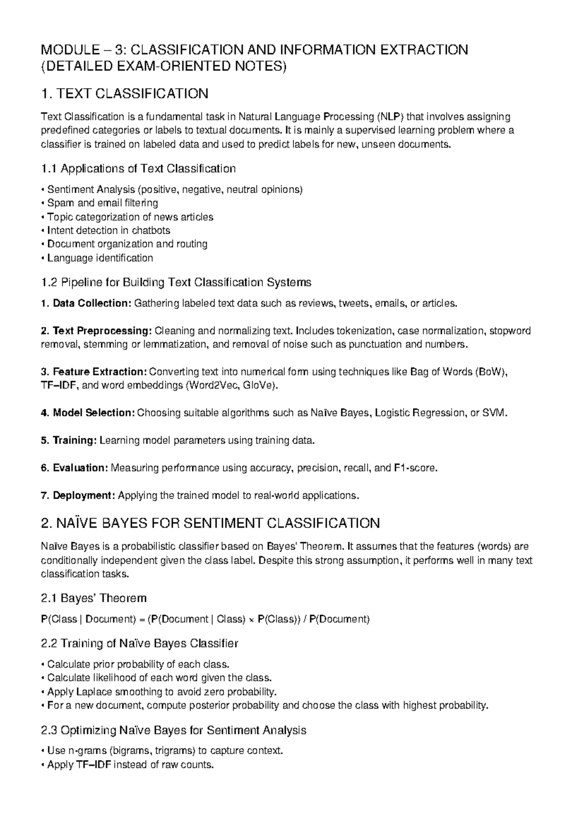 MODULE 3: TEXT CLASSIFICATION & INFO EXTRACTION DETAILED NOTES - Studocu
