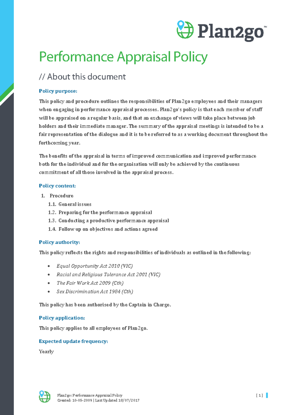 Plan2go: Performance Appraisal Policy Overview and Guidelines - Studocu