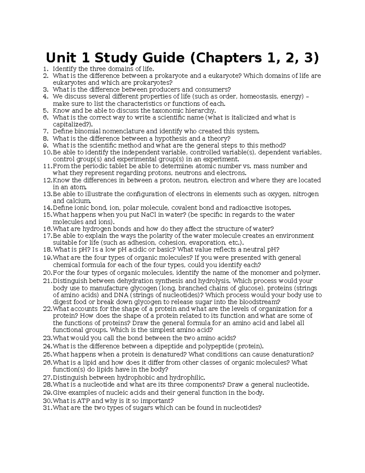 Unit 1 Study Guide (Chapters 1-3): Key Concepts in Biology Exam Prep ...