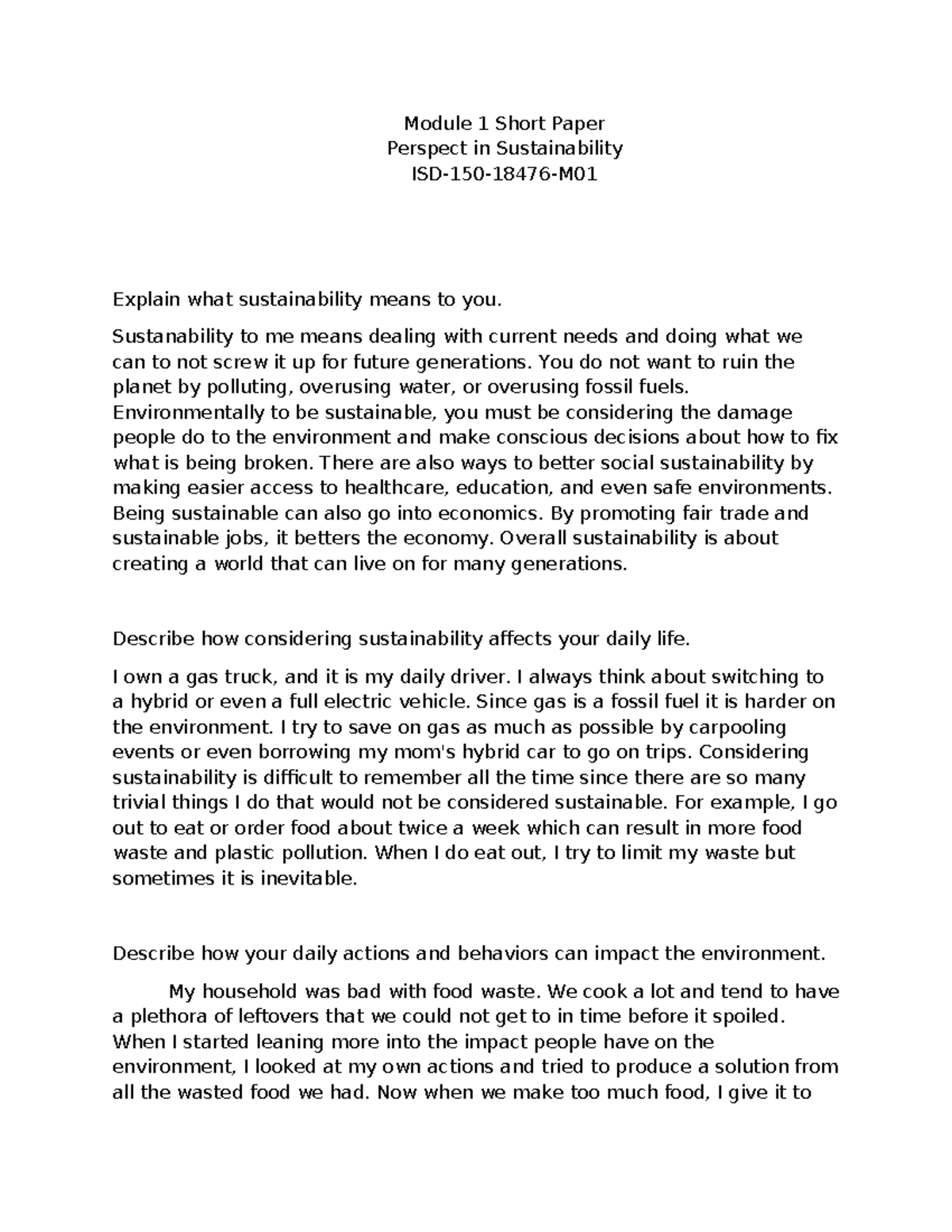 ISD-150 Module 1 Short Paper: Perspectives on Sustainability - Studocu
