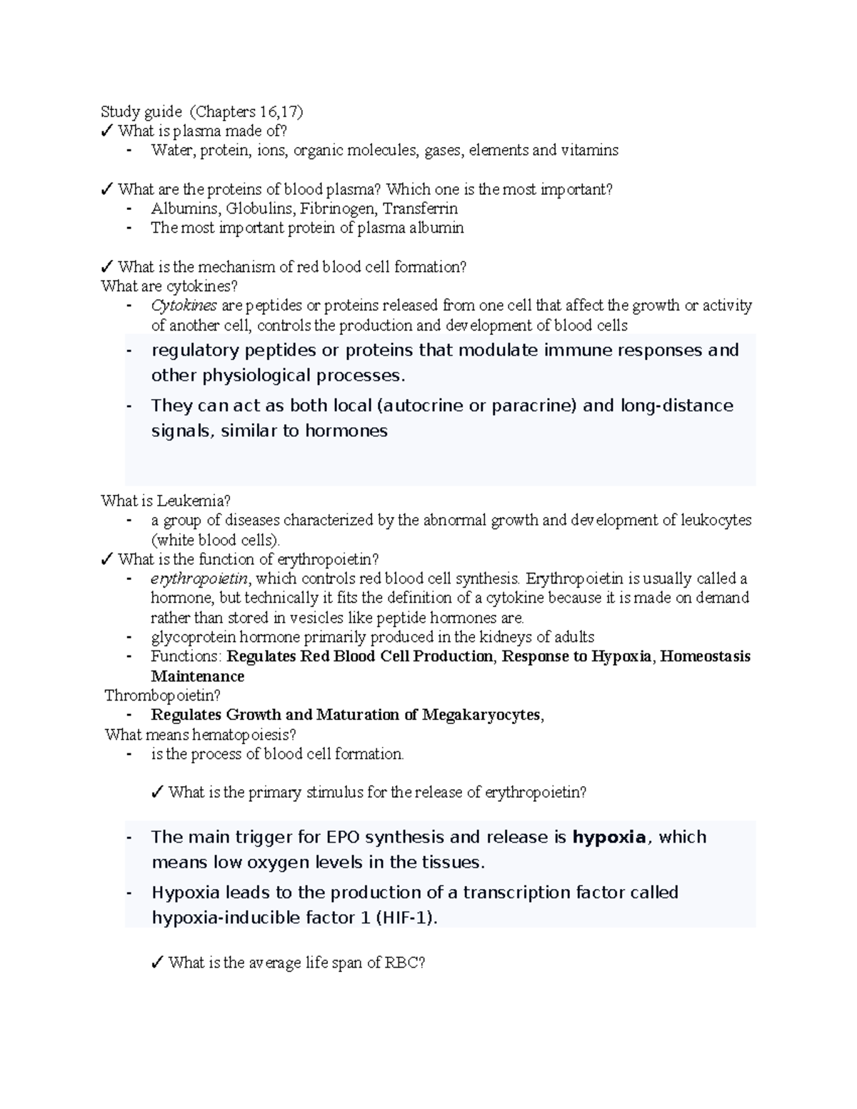 Study Guide: CHAPTERS 16 & 17 Review of Blood and Respiratory Functions ...