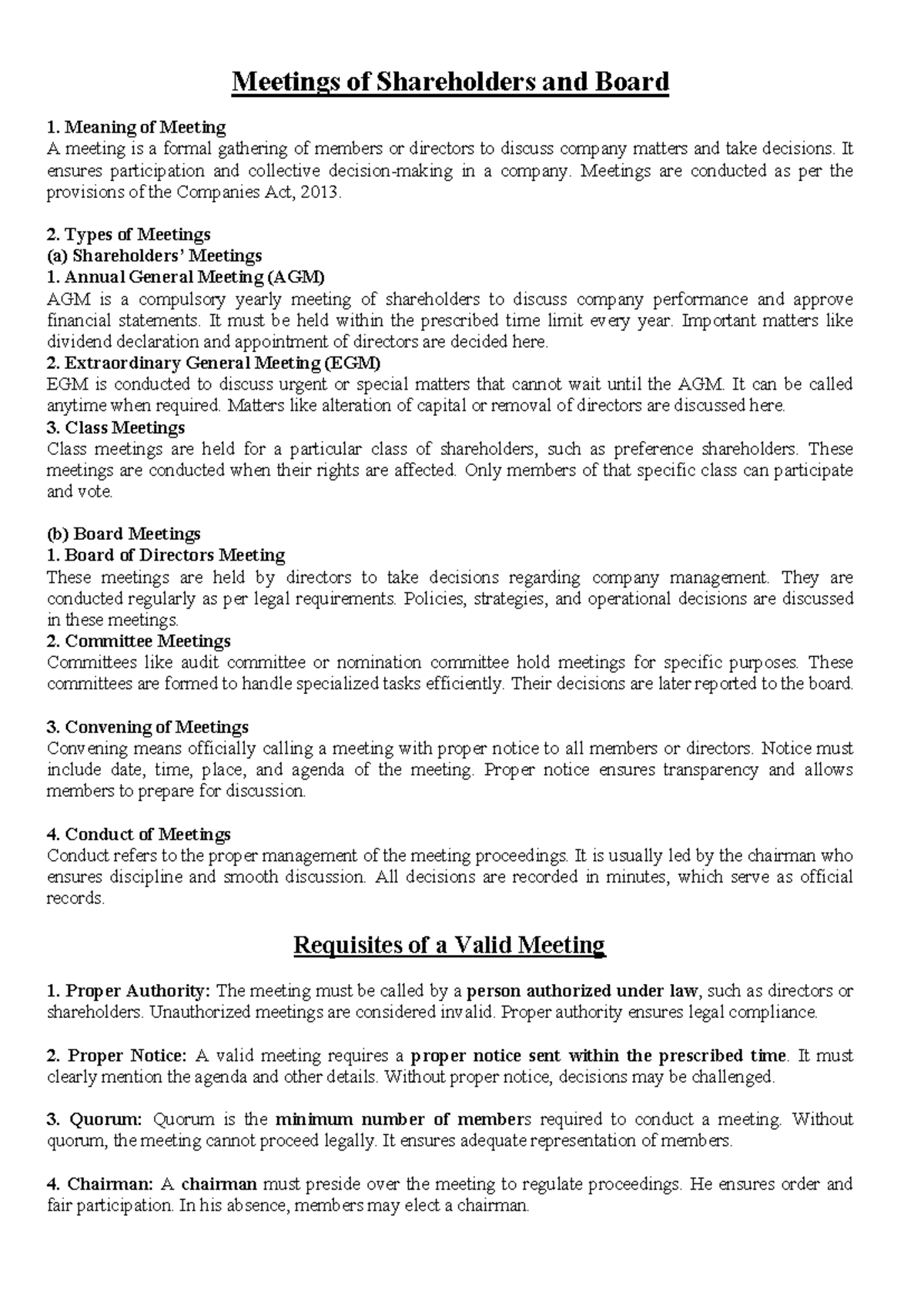 Meetings of Shareholders and Board: Types and Procedures - Studocu