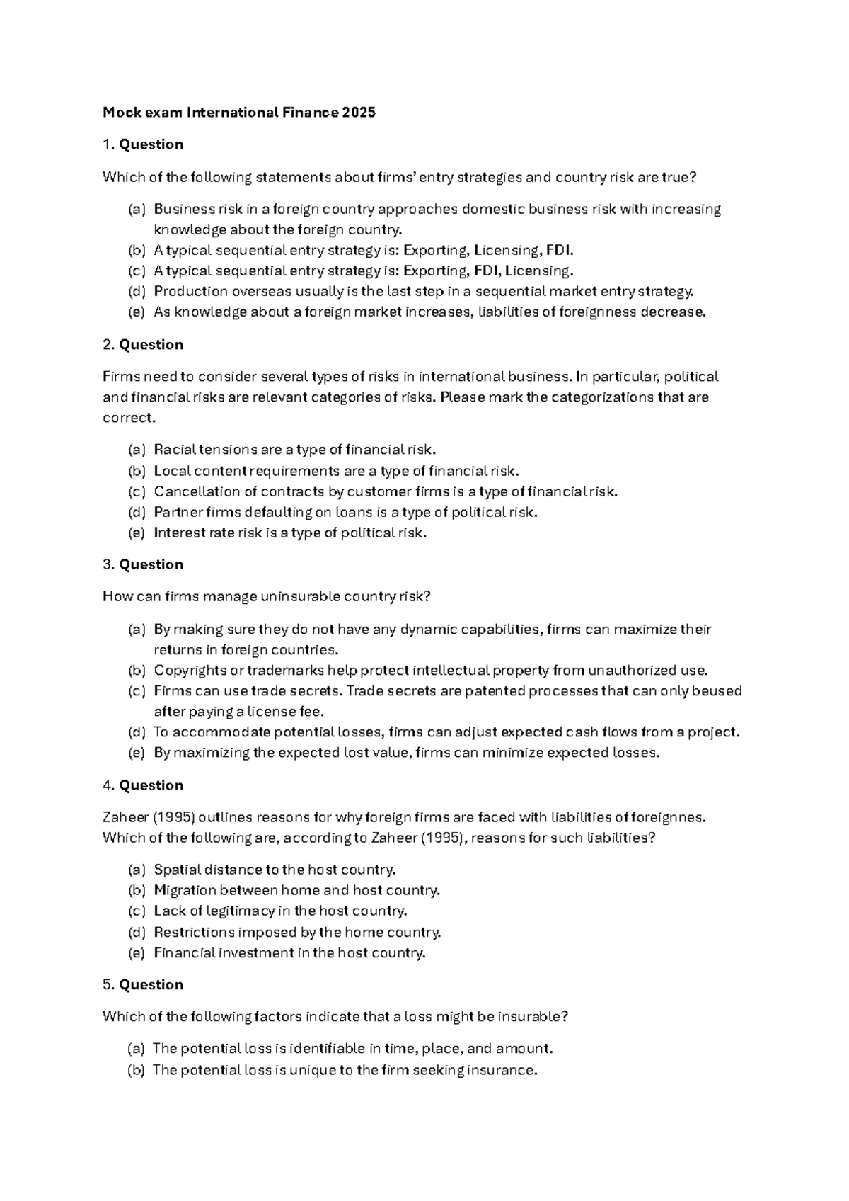 Mock Exam: International Finance 2025 - Key Concepts & Questions - Studocu