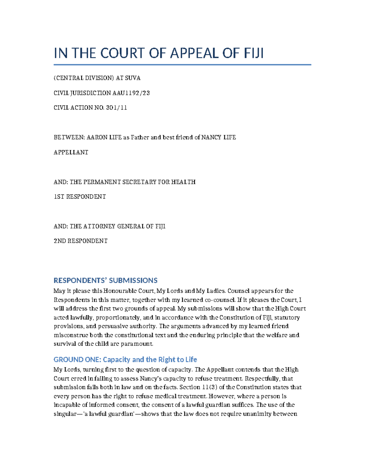 Respondents' Submissions in Civil Action No. [CIVIL JURISDICTION] - Studocu