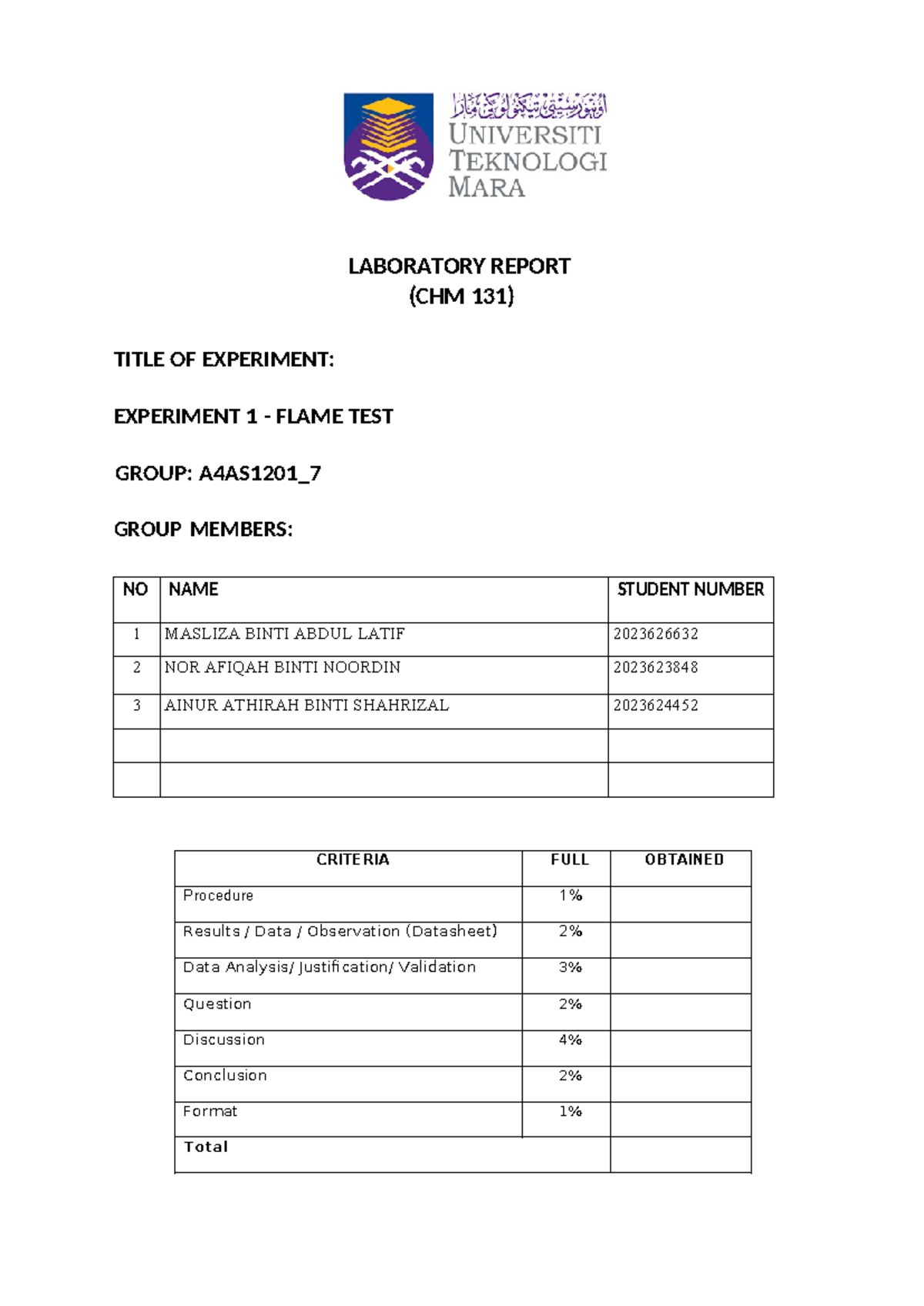 Lab report ex 1 - ................. - LABORATORY REPORT (CHM 131) TITLE ...