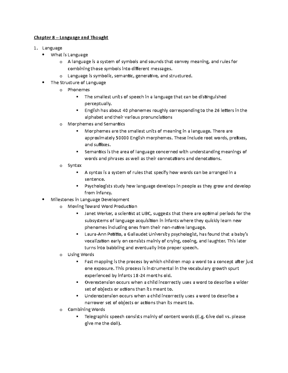 PSYC1010 - Chapter 8 - Language and Thought - Chapter 8 – Language and ...