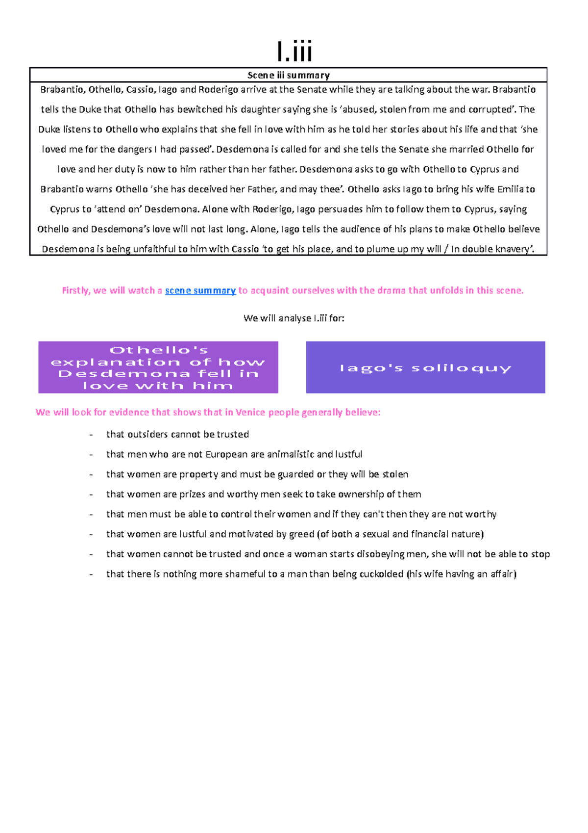 Othello Act 1 Scene 3 info doc - I Scene iii summary Brabantio, Othello ...