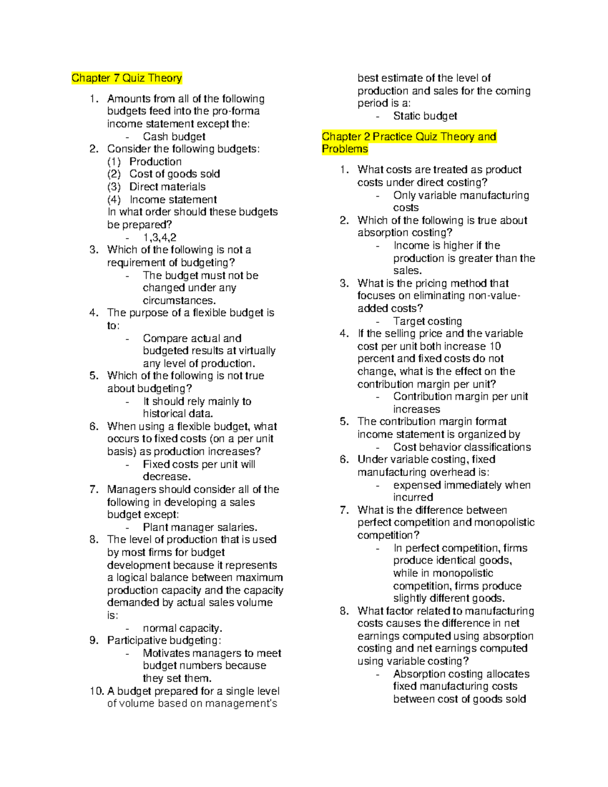 Chapter 7 Quiz & Final Exam Review for ACC 1206: Budgeting & Cost ...