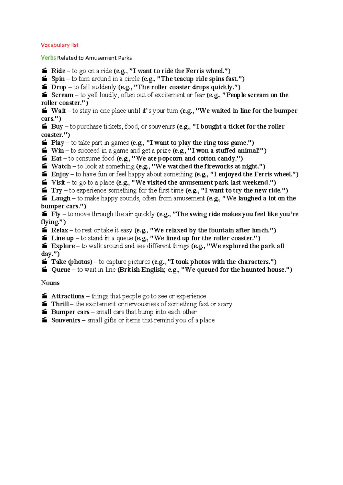 Amusement Park Vocabulary List: Verbs & Nouns for Fun Rides - Studocu