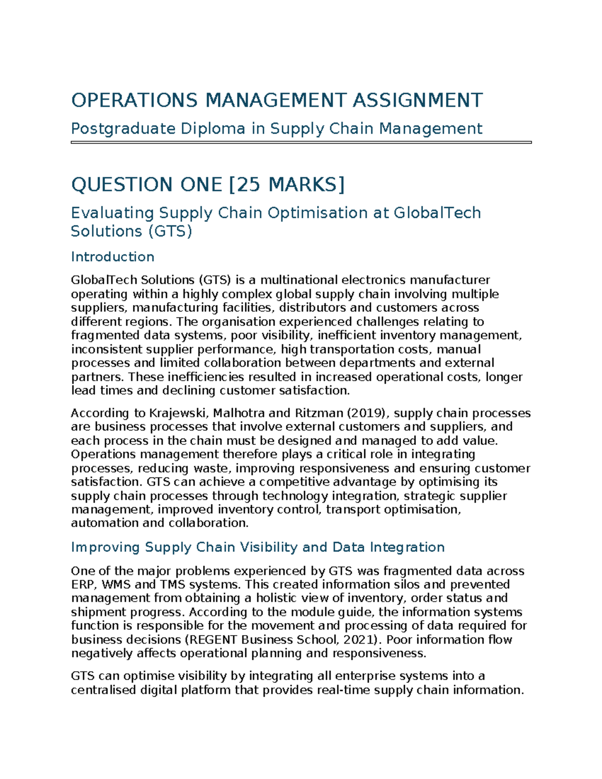 Operations Management Full Assignment: PGDIP SCM Analysis of GTS and ...