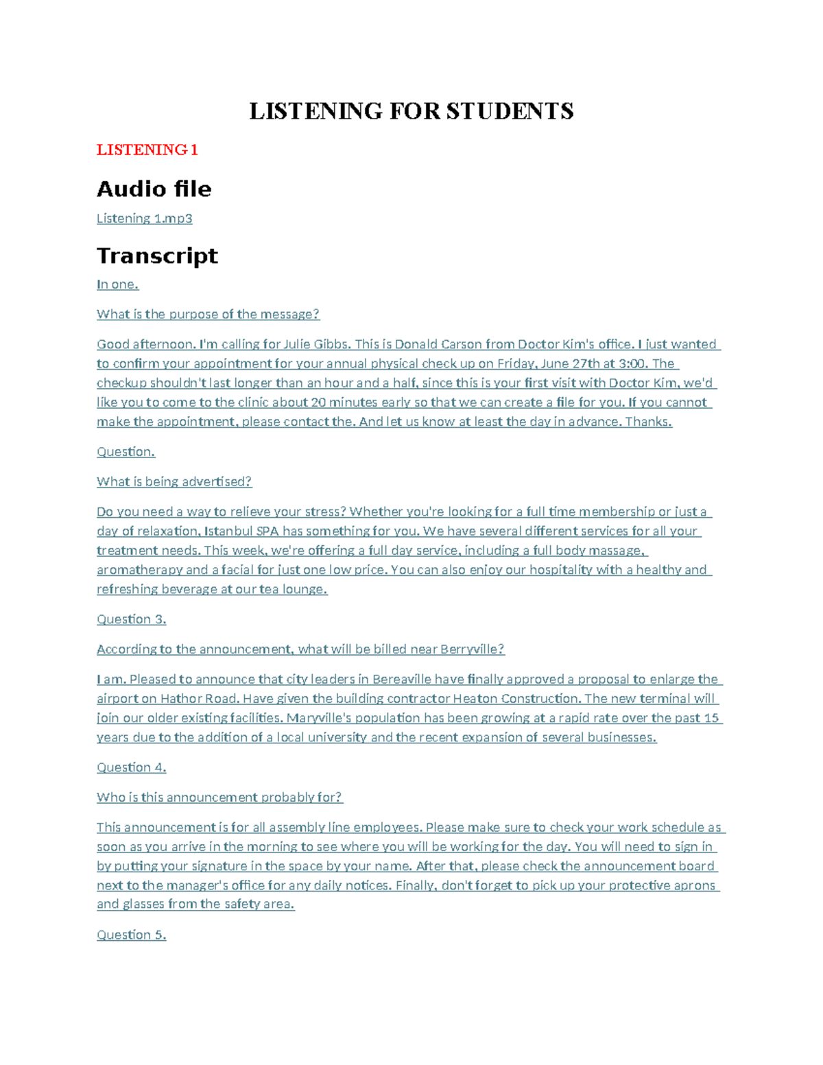 LISTENING 1-3: Audio Transcripts and Questions for Students - Studocu