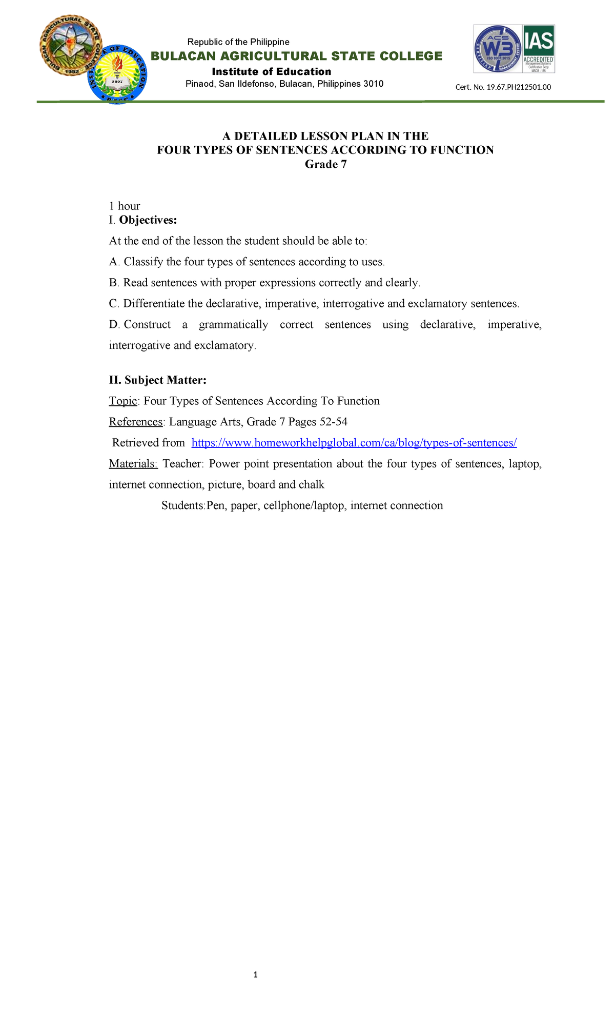 Detailed Lesson Plan on Four Types of Sentences - Grade 7 DLP - Studocu