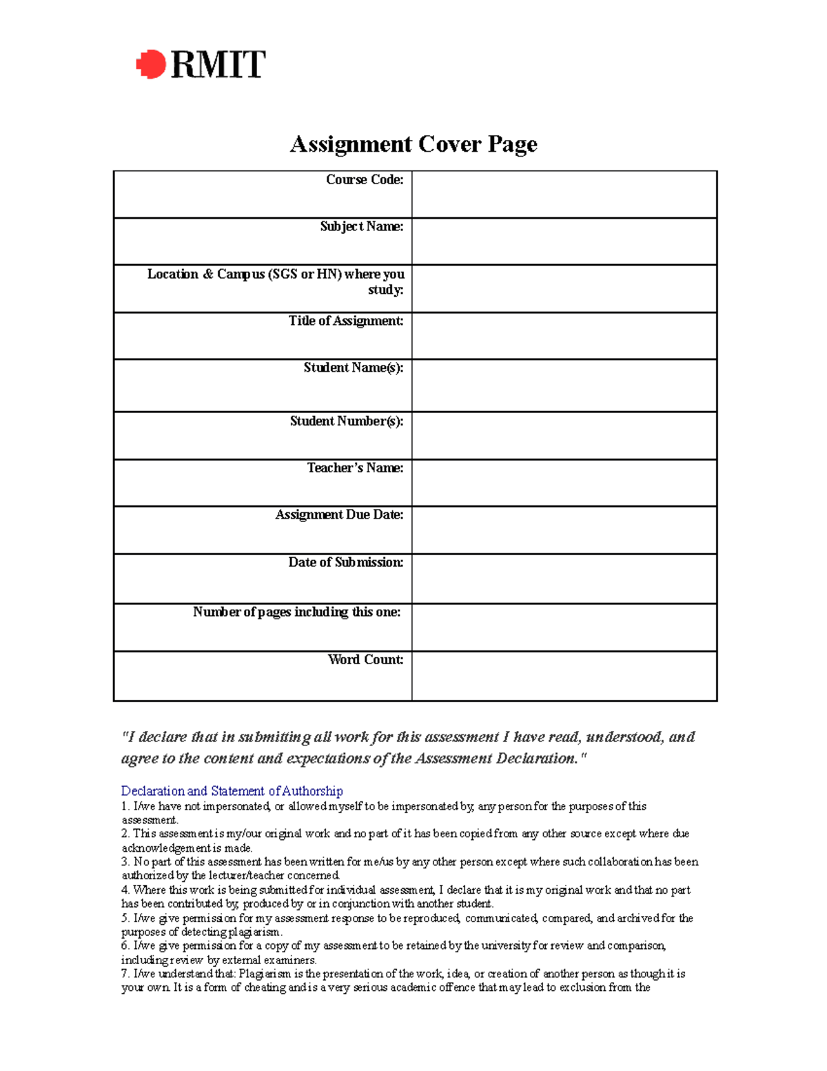 Cover Sheet and Declaration Statement for Assignment 2023-3 - Studocu