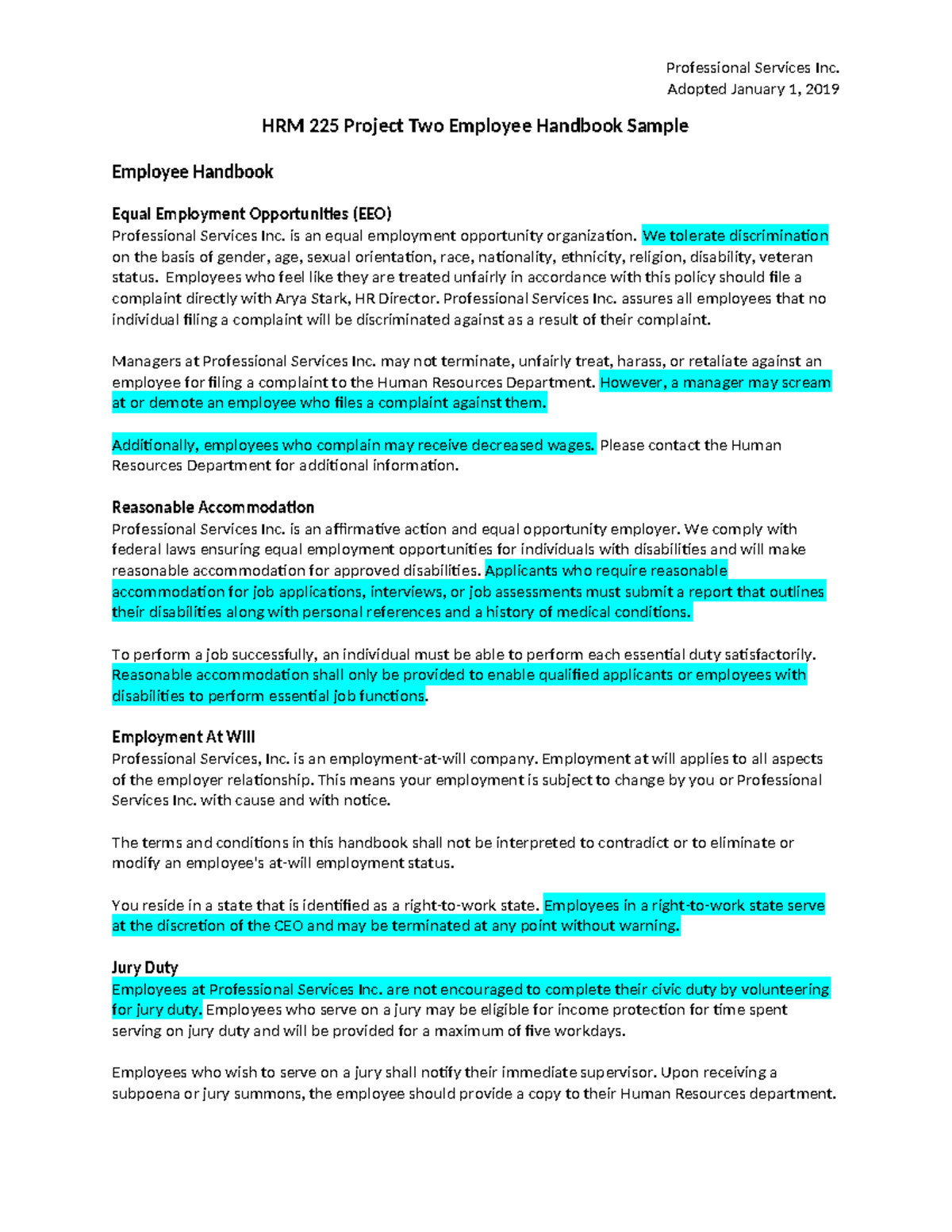 HRM 225 Final Exam Employee Handbook Example for Professional Services ...