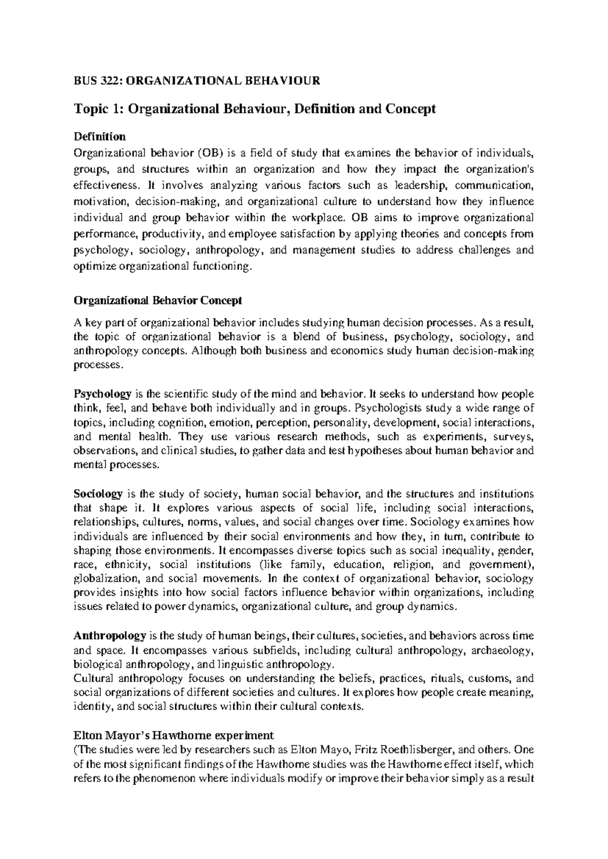 Organizational Behavior Insights: BUS 322 Lecture Notes (172009-7185 ...