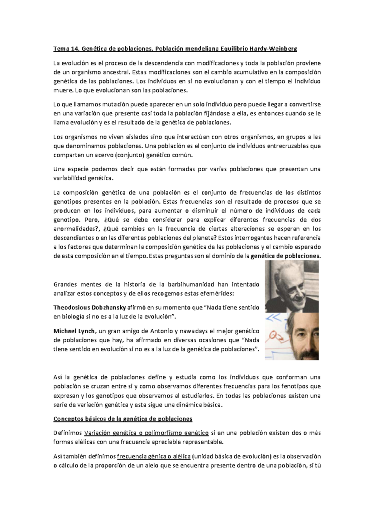 Tema 14 - Genética de Poblaciones: Equilibrio Hardy-Weinberg y Variación Genética - Document Preview