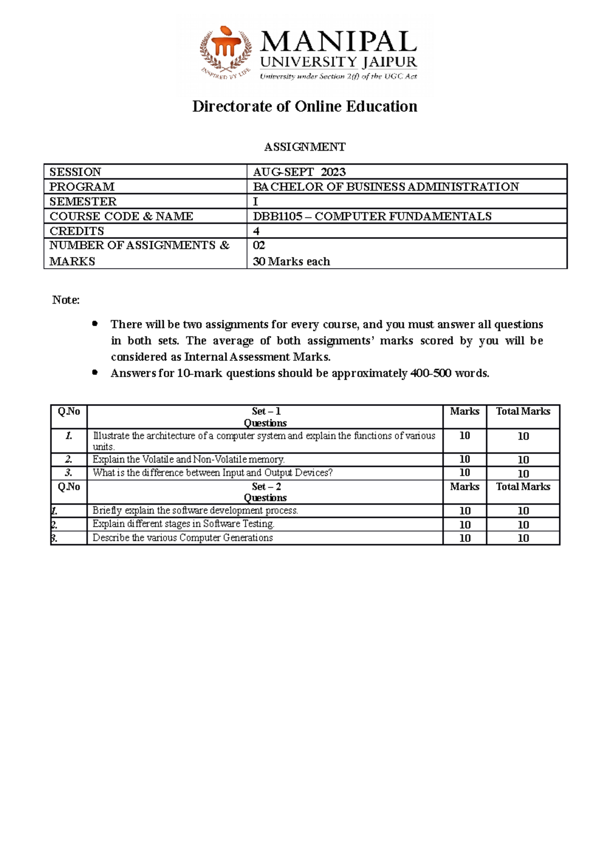 Assignment DBB1105 Set 1 and Set 2 Aug-Sept 2023 - Directorate of ...