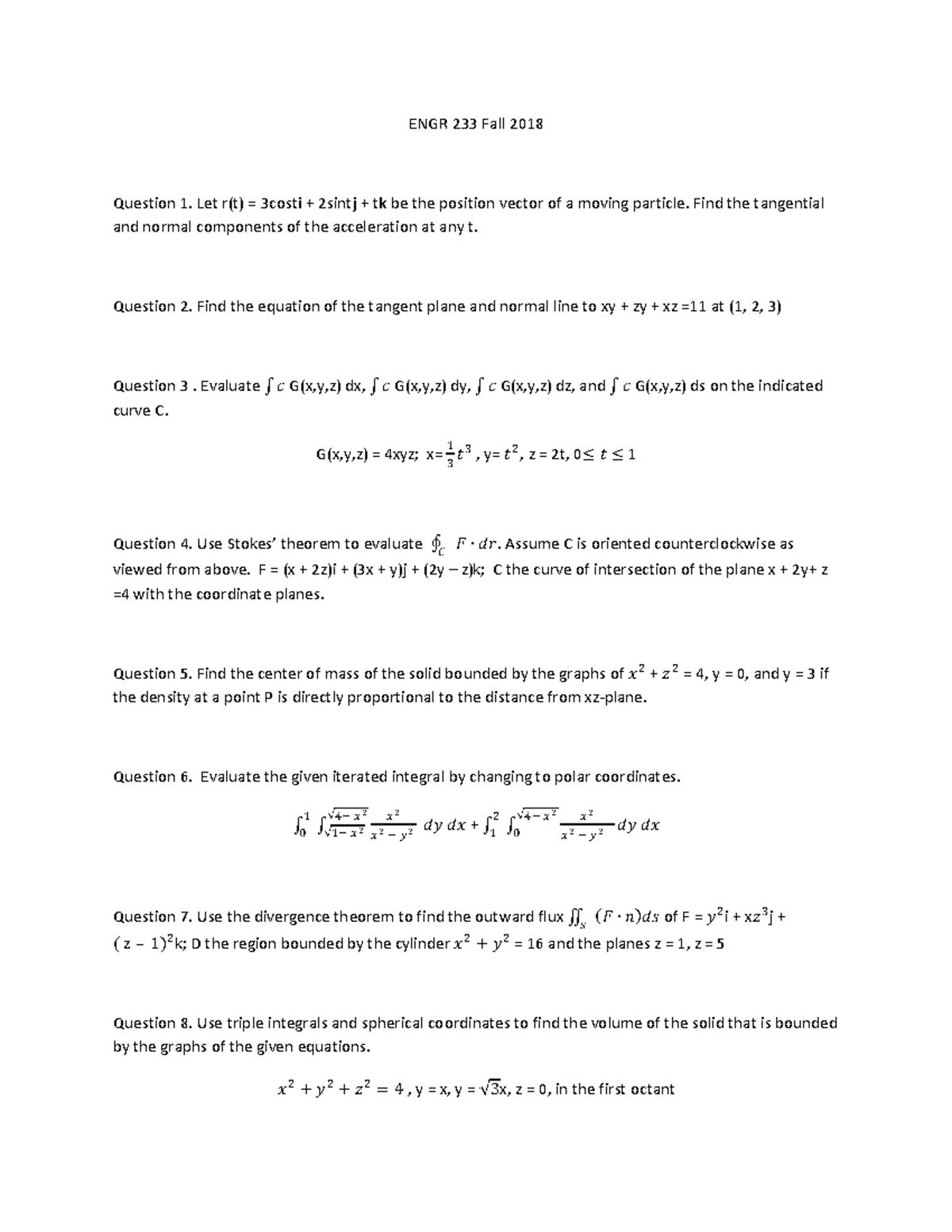 ENGR 233 Fall 2018 Mock Final Exam Questions and Solutions - Studocu