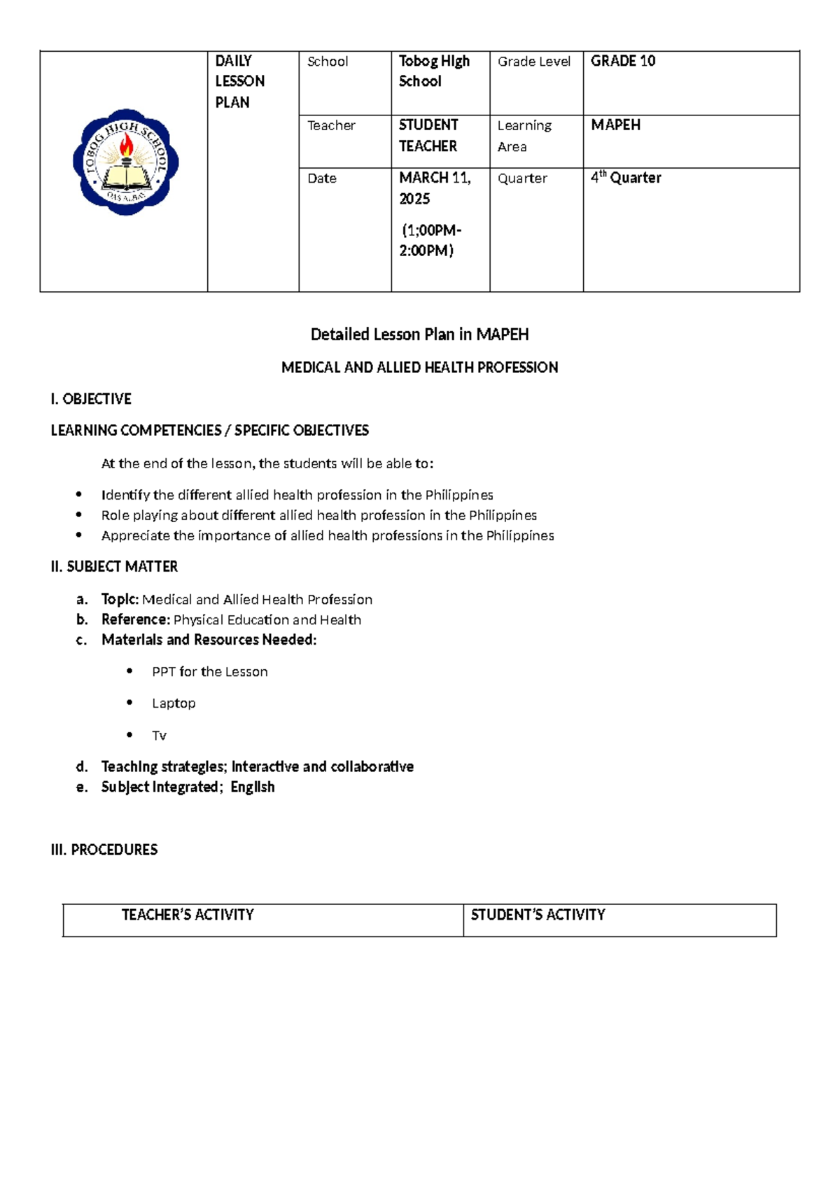 Detailed Lesson Plan on Medical and Allied Health Profession 095058 ...