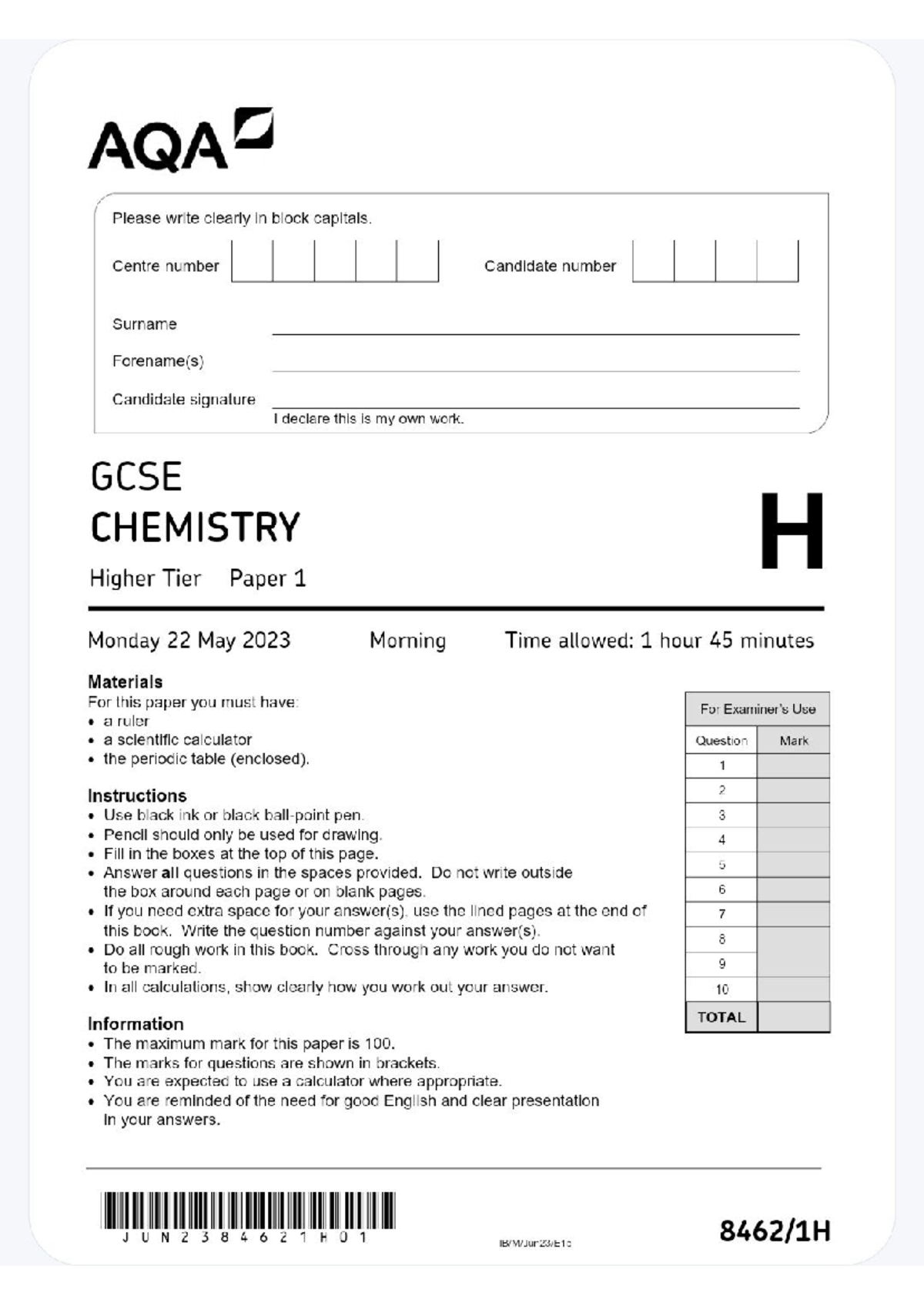 AQA GCSE Chemistry H Higher Tier Paper 1 Exam May 2023 Guide - Studocu